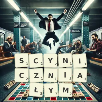 Kreatywna ilustracja do gry w Scrabble ze słowem SCYNICZNIAŁYM ułożonym z płytek na planszy.
