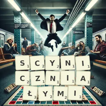 Kreatywna ilustracja do gry w Scrabble ze słowem SCYNICZNIAŁYMI ułożonym z płytek na planszy.
