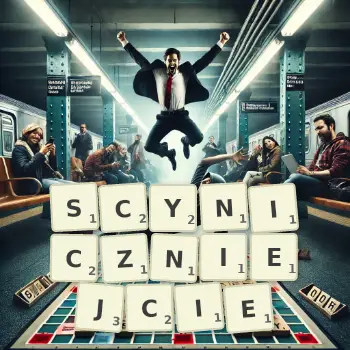 Kreatywna ilustracja do gry w Scrabble ze słowem SCYNICZNIEJCIE ułożonym z płytek na planszy.