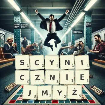 Kreatywna ilustracja do gry w Scrabble ze słowem SCYNICZNIEJMYŻ ułożonym z płytek na planszy.