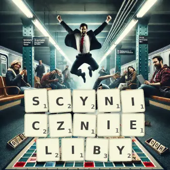 Kreatywna ilustracja do gry w Scrabble ze słowem SCYNICZNIELIBY ułożonym z płytek na planszy.