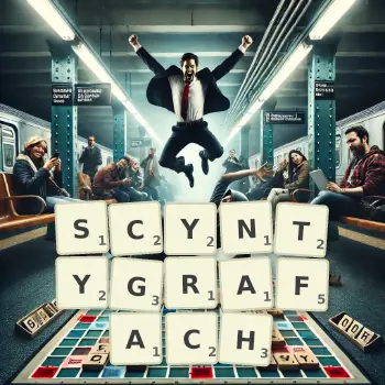 Kreatywna ilustracja do gry w Scrabble ze słowem SCYNTYGRAFACH ułożonym z płytek na planszy.