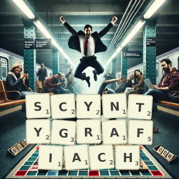 Kreatywna ilustracja do gry w Scrabble ze słowem SCYNTYGRAFIACH ułożonym z płytek na planszy.