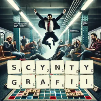 Kreatywna ilustracja do gry w Scrabble ze słowem SCYNTYGRAFII ułożonym z płytek na planszy.