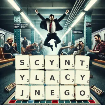 Kreatywna ilustracja do gry w Scrabble ze słowem SCYNTYLACYJNEGO ułożonym z płytek na planszy.