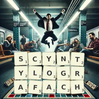 Kreatywna ilustracja do gry w Scrabble ze słowem SCYNTYLOGRAFACH ułożonym z płytek na planszy.