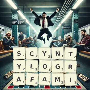Kreatywna ilustracja do gry w Scrabble ze słowem SCYNTYLOGRAFAMI ułożonym z płytek na planszy.