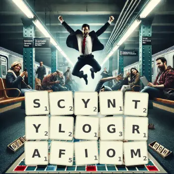 Kreatywna ilustracja do gry w Scrabble ze słowem SCYNTYLOGRAFIOM ułożonym z płytek na planszy.