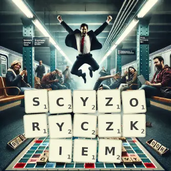 Kreatywna ilustracja do gry w Scrabble ze słowem SCYZORYCZKIEM ułożonym z płytek na planszy.