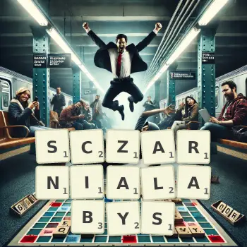 Kreatywna ilustracja do gry w Scrabble ze słowem SCZARNIALABYS ułożonym z płytek na planszy.