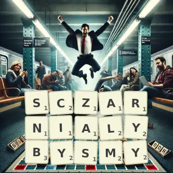 Kreatywna ilustracja do gry w Scrabble ze słowem SCZARNIALYBYSMY ułożonym z płytek na planszy.