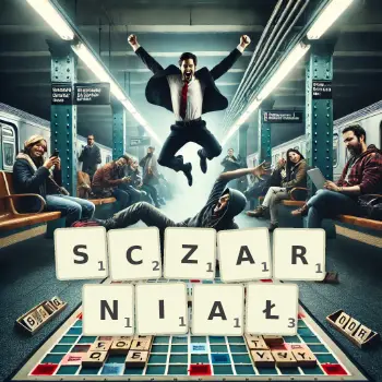 Kreatywna ilustracja do gry w Scrabble ze słowem SCZARNIAŁ ułożonym z płytek na planszy.