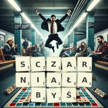 Kreatywna ilustracja do gry w Scrabble ze słowem SCZARNIAŁABYŚ ułożonym z płytek na planszy.