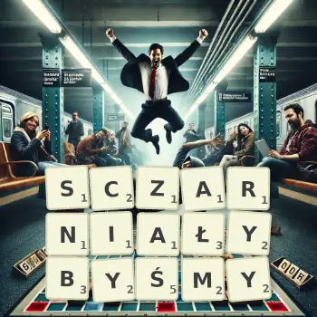 Kreatywna ilustracja do gry w Scrabble ze słowem SCZARNIAŁYBYŚMY ułożonym z płytek na planszy.
