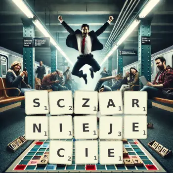 Kreatywna ilustracja do gry w Scrabble ze słowem SCZARNIEJECIE ułożonym z płytek na planszy.