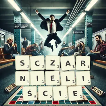 Kreatywna ilustracja do gry w Scrabble ze słowem SCZARNIELIŚCIE ułożonym z płytek na planszy.