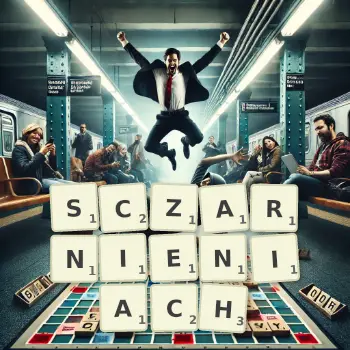 Kreatywna ilustracja do gry w Scrabble ze słowem SCZARNIENIACH ułożonym z płytek na planszy.