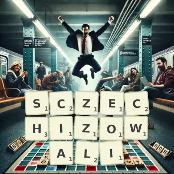 Kreatywna ilustracja do gry w Scrabble ze słowem SCZECHIZOWALI ułożonym z płytek na planszy.