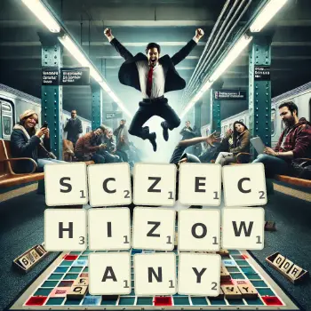 Kreatywna ilustracja do gry w Scrabble ze słowem SCZECHIZOWANY ułożonym z płytek na planszy.