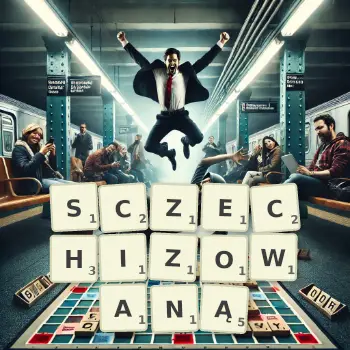 Kreatywna ilustracja do gry w Scrabble ze słowem SCZECHIZOWANĄ ułożonym z płytek na planszy.