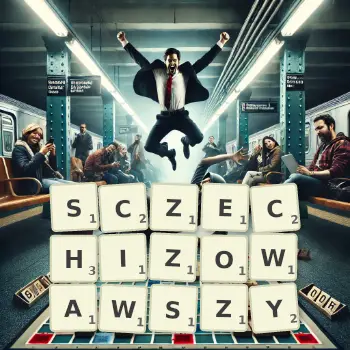 Kreatywna ilustracja do gry w Scrabble ze słowem SCZECHIZOWAWSZY ułożonym z płytek na planszy.