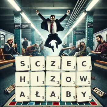 Kreatywna ilustracja do gry w Scrabble ze słowem SCZECHIZOWAŁABY ułożonym z płytek na planszy.