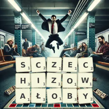 Kreatywna ilustracja do gry w Scrabble ze słowem SCZECHIZOWAŁOBY ułożonym z płytek na planszy.