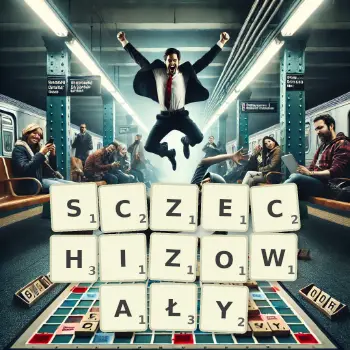 Kreatywna ilustracja do gry w Scrabble ze słowem SCZECHIZOWAŁY ułożonym z płytek na planszy.