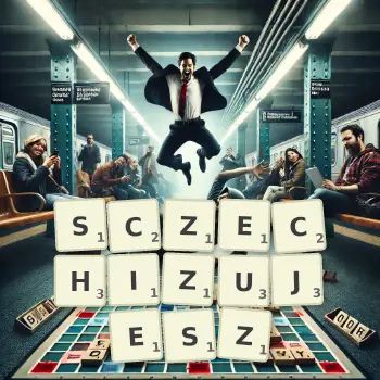 Kreatywna ilustracja do gry w Scrabble ze słowem SCZECHIZUJESZ ułożonym z płytek na planszy.