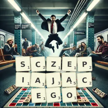 Kreatywna ilustracja do gry w Scrabble ze słowem SCZEPIAJĄCEGO ułożonym z płytek na planszy.