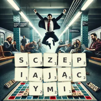 Kreatywna ilustracja do gry w Scrabble ze słowem SCZEPIAJĄCYMI ułożonym z płytek na planszy.