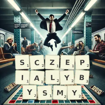 Kreatywna ilustracja do gry w Scrabble ze słowem SCZEPIALYBYSMY ułożonym z płytek na planszy.