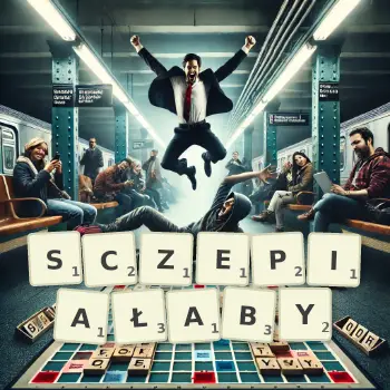 Kreatywna ilustracja do gry w Scrabble ze słowem SCZEPIAŁABY ułożonym z płytek na planszy.