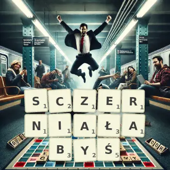 Kreatywna ilustracja do gry w Scrabble ze słowem SCZERNIAŁABYŚ ułożonym z płytek na planszy.