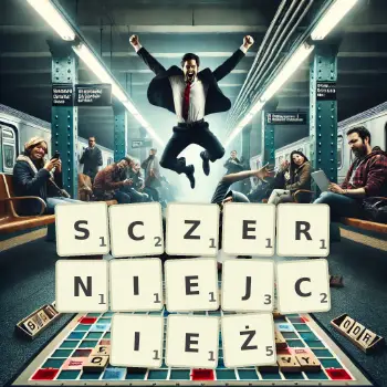 Kreatywna ilustracja do gry w Scrabble ze słowem SCZERNIEJCIEŻ ułożonym z płytek na planszy.