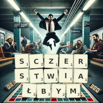 Kreatywna ilustracja do gry w Scrabble ze słowem SCZERSTWIAŁBYM ułożonym z płytek na planszy.