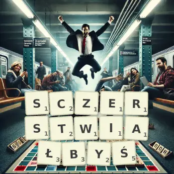 Kreatywna ilustracja do gry w Scrabble ze słowem SCZERSTWIAŁBYŚ ułożonym z płytek na planszy.