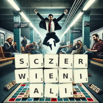 Kreatywna ilustracja do gry w Scrabble ze słowem SCZERWIENIALI ułożonym z płytek na planszy.