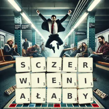 Kreatywna ilustracja do gry w Scrabble ze słowem SCZERWIENIAŁABY ułożonym z płytek na planszy.