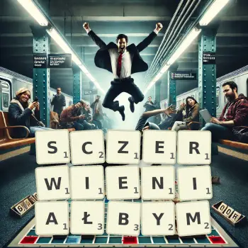Kreatywna ilustracja do gry w Scrabble ze słowem SCZERWIENIAŁBYM ułożonym z płytek na planszy.