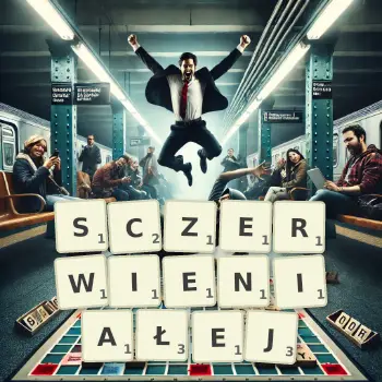 Kreatywna ilustracja do gry w Scrabble ze słowem SCZERWIENIAŁEJ ułożonym z płytek na planszy.