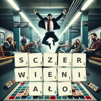 Kreatywna ilustracja do gry w Scrabble ze słowem SCZERWIENIAŁO ułożonym z płytek na planszy.