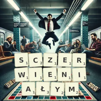 Kreatywna ilustracja do gry w Scrabble ze słowem SCZERWIENIAŁYM ułożonym z płytek na planszy.