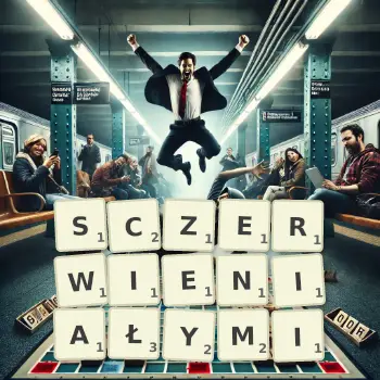 Kreatywna ilustracja do gry w Scrabble ze słowem SCZERWIENIAŁYMI ułożonym z płytek na planszy.