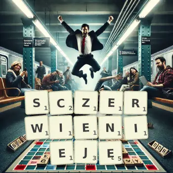 Kreatywna ilustracja do gry w Scrabble ze słowem SCZERWIENIEJĘ ułożonym z płytek na planszy.