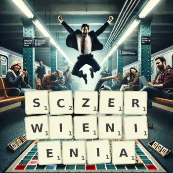Kreatywna ilustracja do gry w Scrabble ze słowem SCZERWIENIENIA ułożonym z płytek na planszy.