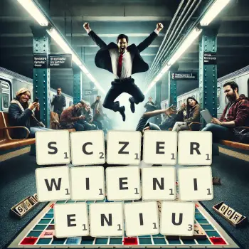Kreatywna ilustracja do gry w Scrabble ze słowem SCZERWIENIENIU ułożonym z płytek na planszy.
