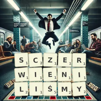 Kreatywna ilustracja do gry w Scrabble ze słowem SCZERWIENILIŚMY ułożonym z płytek na planszy.