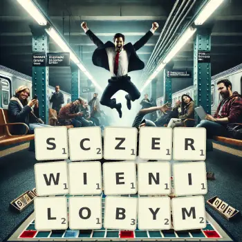 Kreatywna ilustracja do gry w Scrabble ze słowem SCZERWIENILOBYM ułożonym z płytek na planszy.