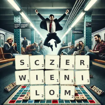 Kreatywna ilustracja do gry w Scrabble ze słowem SCZERWIENILOM ułożonym z płytek na planszy.